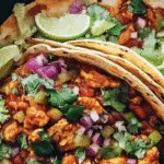 Plate of Chicken Tinga Tacos with avocado slices, crumbled queso fresco, fresh cilantro, and lime wedges on a rustic wooden table.